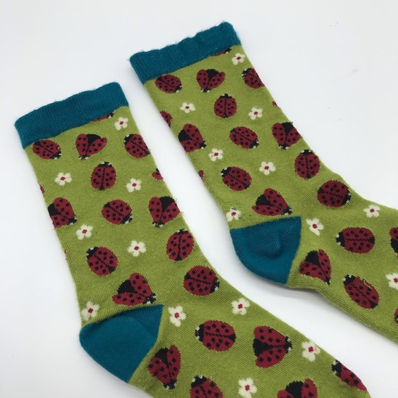 Womens Bamboo Ladybug Socks Floral Green Red Blue Scalloped Ladies One Size Soft - Picture 2 of 5